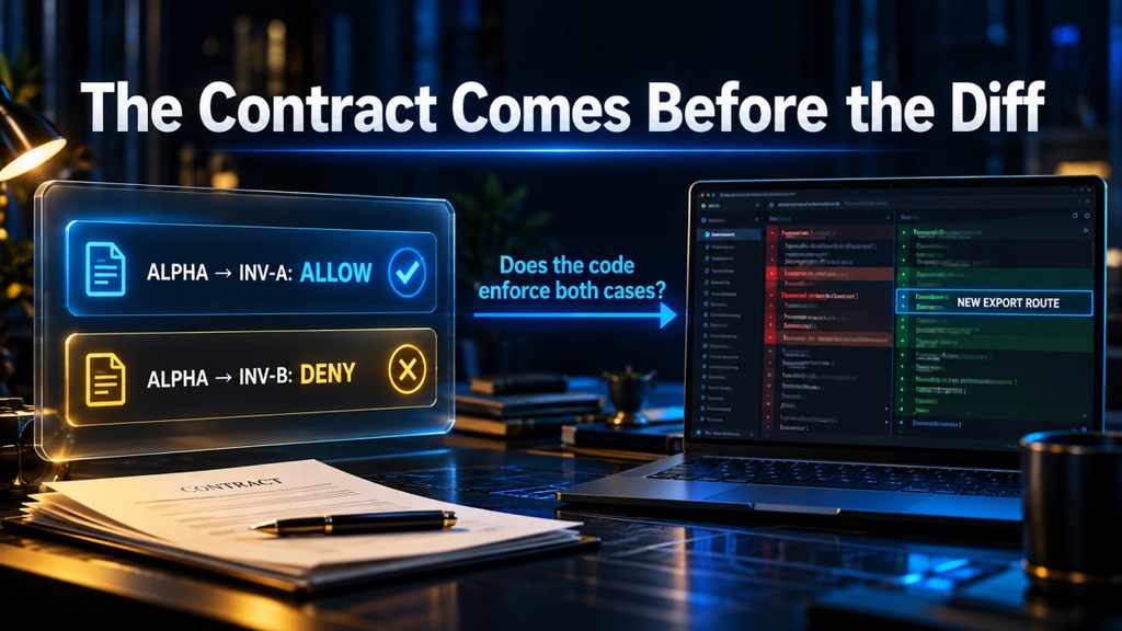 Requirement for tenant-owned invoice export compared with a diff and a missing wrong-tenant denial case.