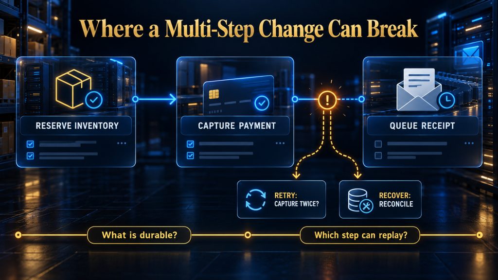 AI Hustle World partial-failure map showing inventory reserved, payment captured and receipt enqueue failing, with retry and reconciliation questions.