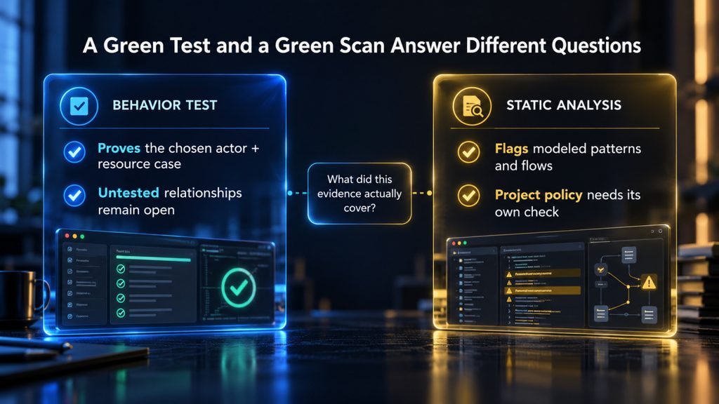 Comparison of what a focused behavior test and configured static analysis can establish in AI-generated code review.