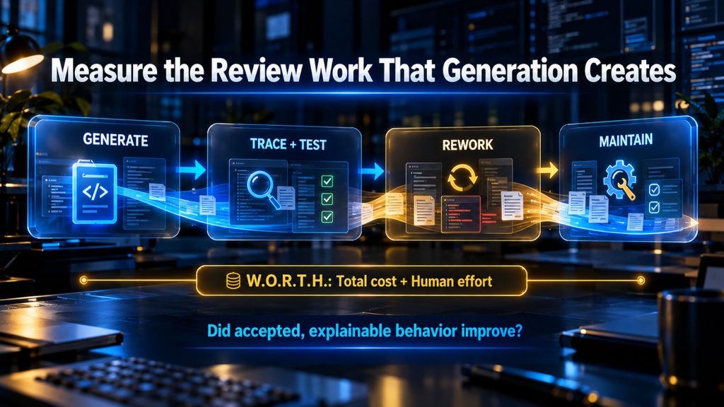 AI Hustle World W.O.R.T.H. review-effort visual showing generation, verification, rework and maintenance as parts of total cost.