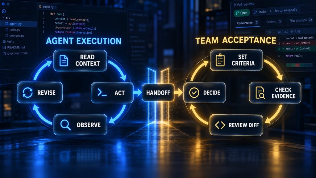 Diagram separating a coding agent’s execution loop from a developer team’s acceptance loop.
