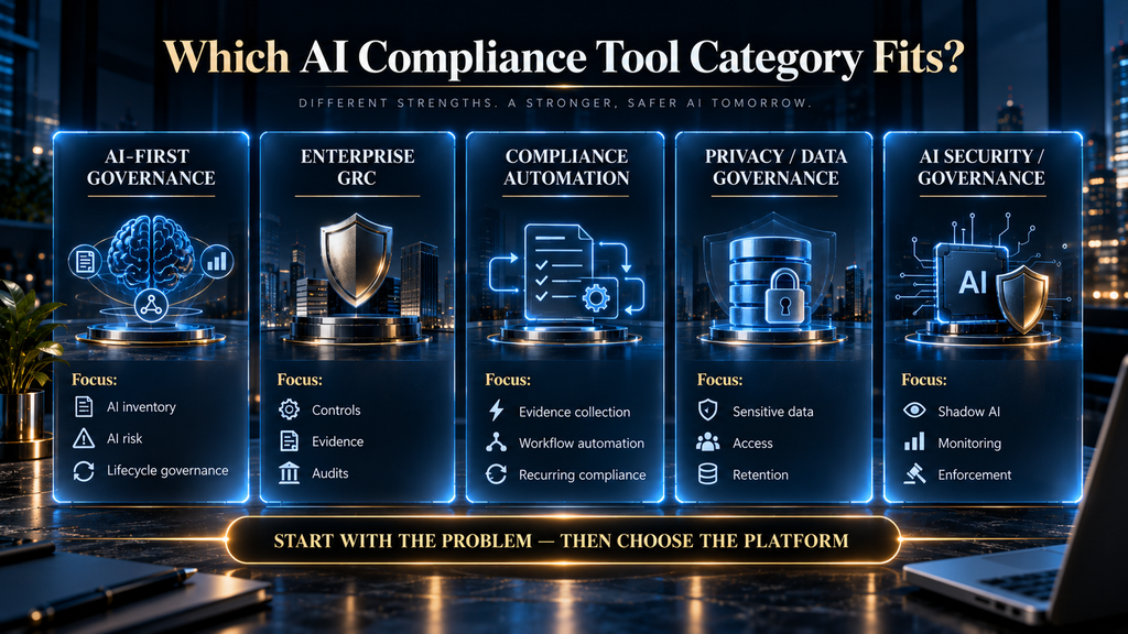 Comparison of AI compliance tool categories for governance GRC privacy security and compliance automation