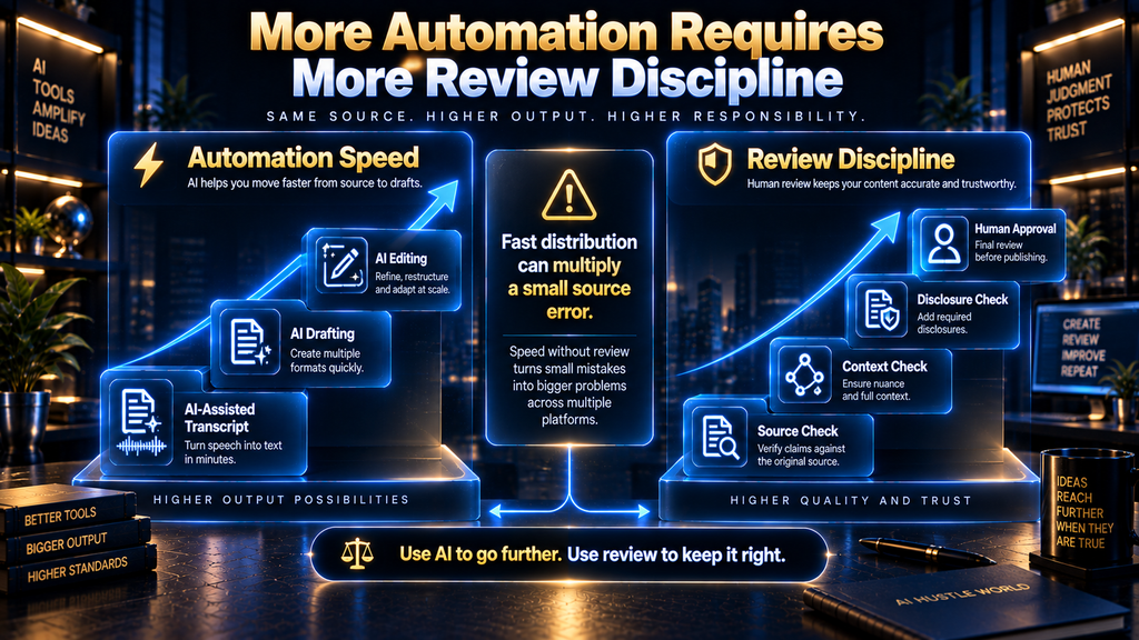 Conceptual infographic showing that greater AI automation requires stronger source verification and human review.
