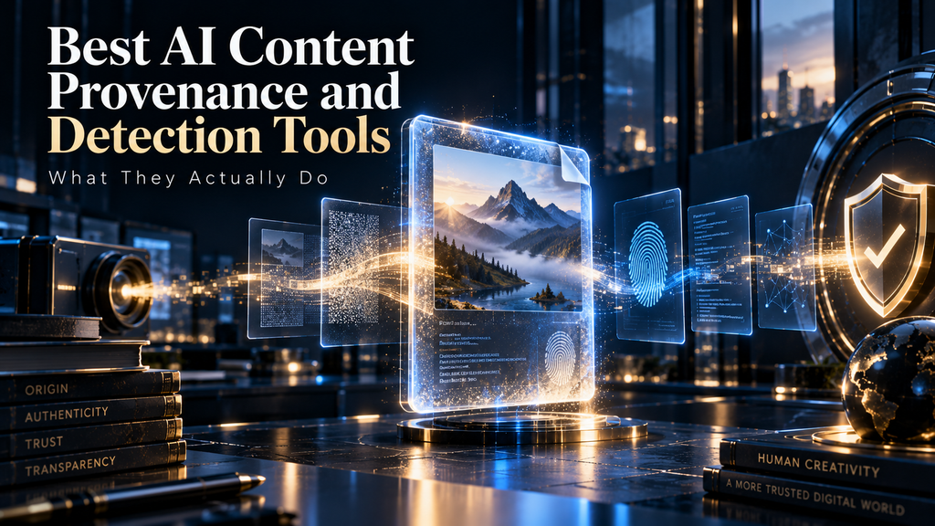 AI content provenance & detection tools concept showing digital content moving through verification layers