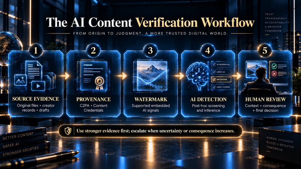 Layered AI content verification workflow from source evidence to human review