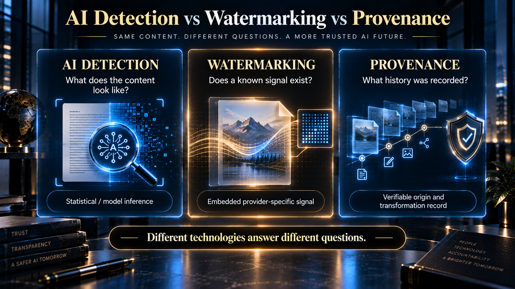 Comparison of AI detection, watermarking and content provenance technologies