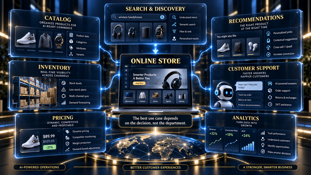 Ecommerce AI use-case map covering catalog, search, recommendations, support, inventory, pricing, and analytics.