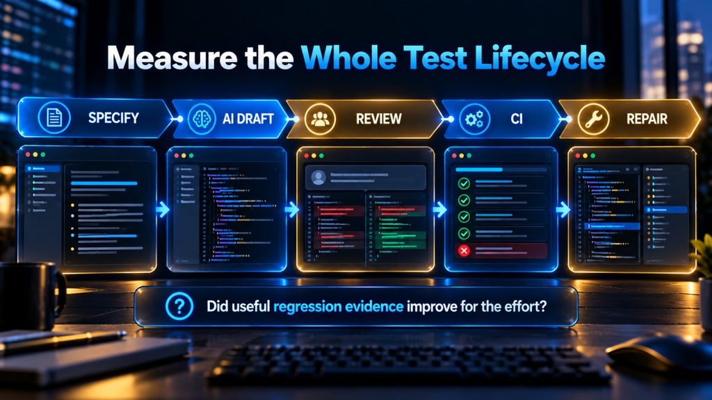 Total testing effort illustration including test drafting, assertion review, CI time, flaky failures, and later repair.