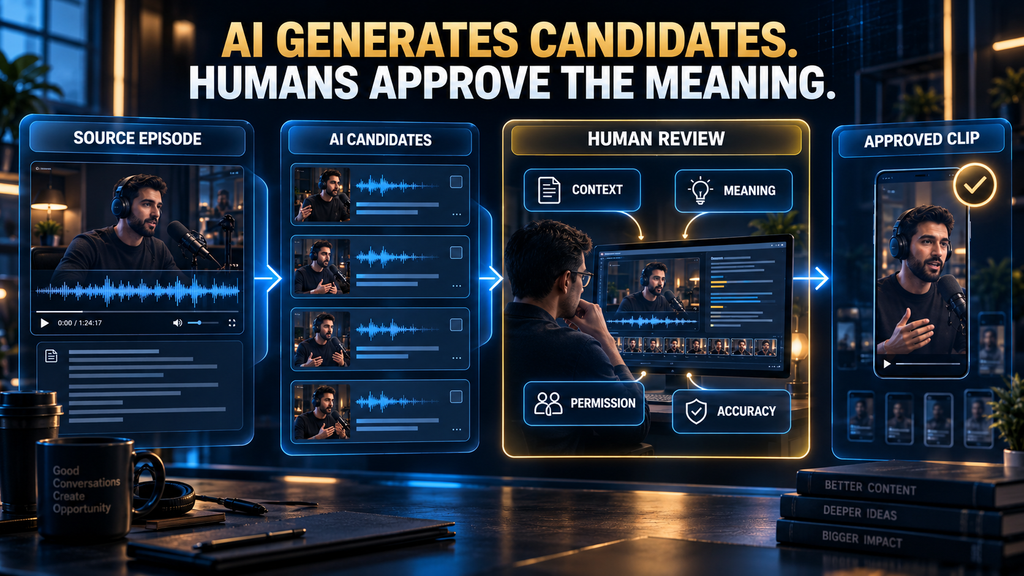 AI finds podcast clip candidates while humans review context, accuracy and speaker meaning
