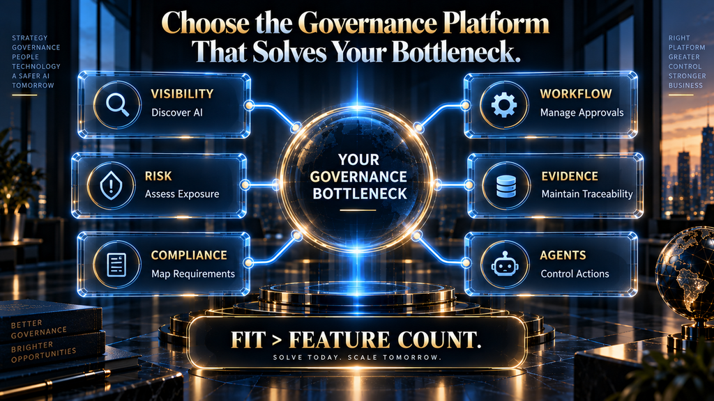 AI governance platform decision framework based on visibility, risk, compliance, workflow, evidence and agent governance
