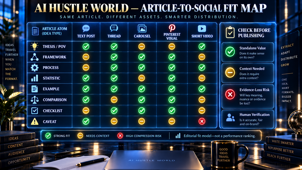 AI Hustle World Article-to-Social Fit Map matching article atom types to suitable social media formats.