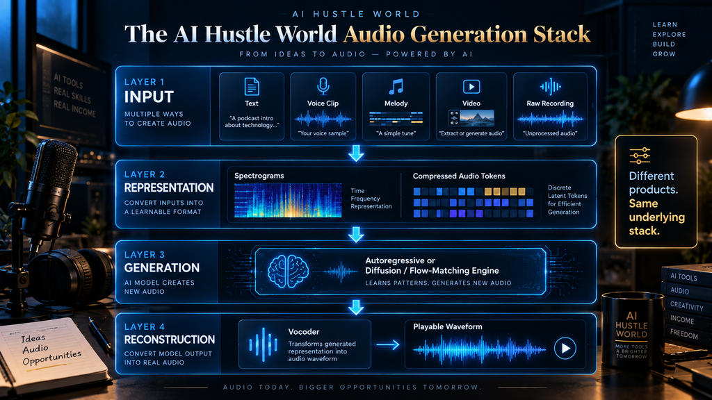 AI Hustle World Audio Generation Stack showing Input, Representation, Generation and Reconstruction layers