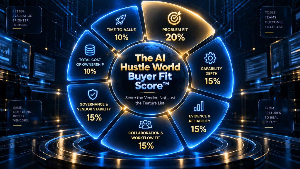 The AI Hustle World Buyer Fit Score, a seven-criteria weighted framework for evaluating any software vendor beyond a feature checklist