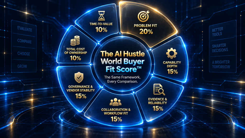 The AI Hustle World Buyer Fit Score, a seven-criteria weighted framework for evaluating any AI vendor, applied here to prompt libraries and marketplaces