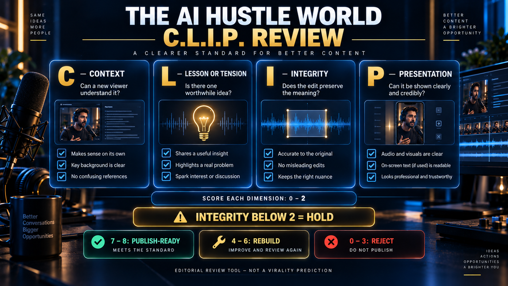 AI Hustle World C.L.I.P. Review framework for evaluating AI-generated podcast clips