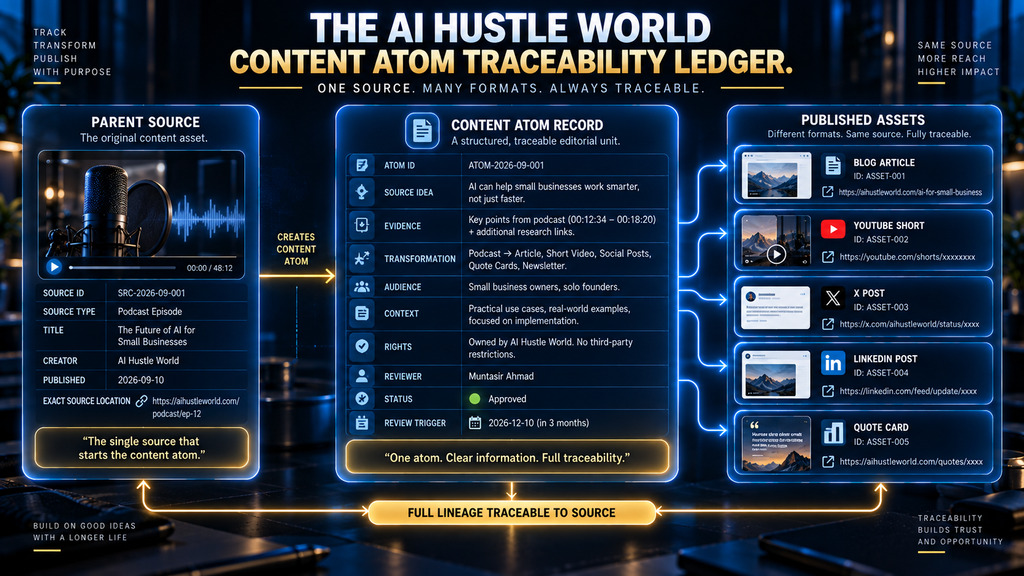  AI Hustle World Content Atom Traceability Ledger linking a parent source to reviewed and published content atoms