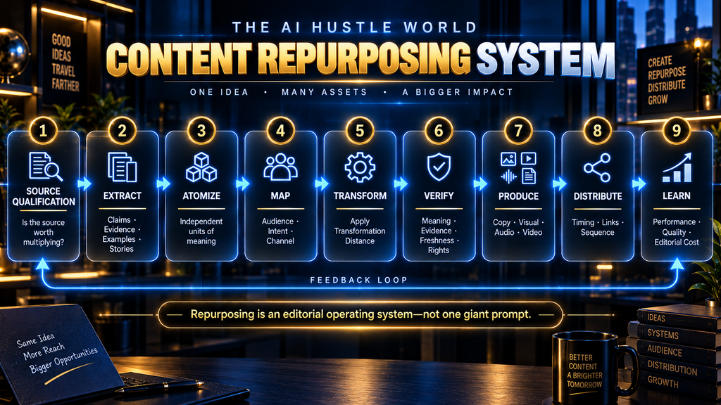 AI Hustle World nine-stage AI content repurposing workflow from source qualification through learning.