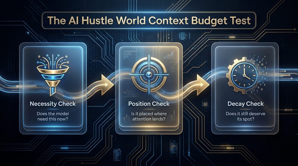 The AI Hustle World Context Budget Test: necessity, position, and decay checks 