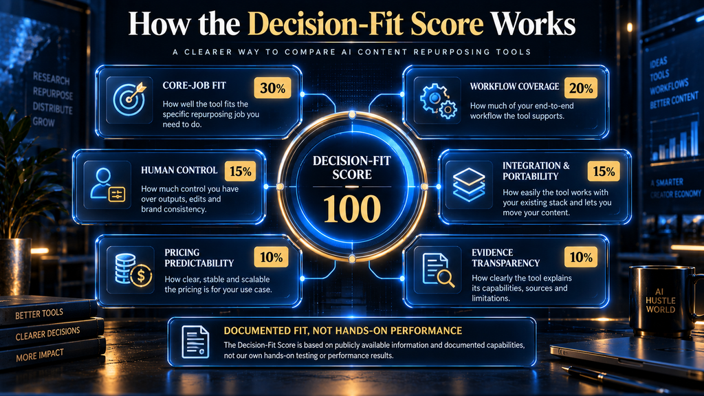 AI Hustle World Decision-Fit Score showing six weighted software comparison criteria