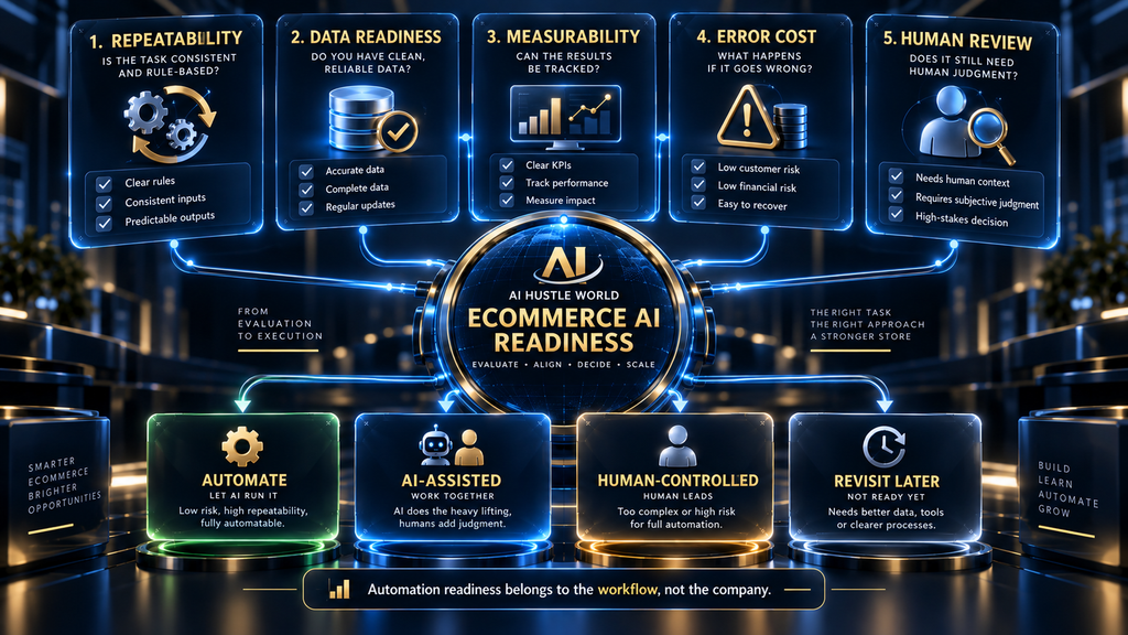AI Hustle World ecommerce AI readiness framework comparing repeatability, data readiness, measurability, error cost, and human review.