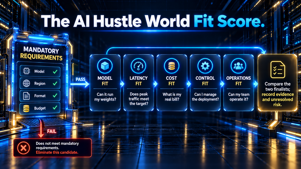 AI Hustle World Fit Score framework checking model fit, latency fit, cost fit, control fit, and operations fit after mandatory requirements.