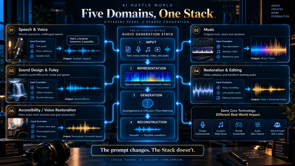Five generative audio domains mapped onto one shared AI audio generation stack