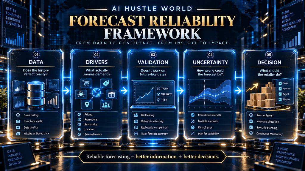 AI Hustle World Forecast Reliability Framework showing Data, Drivers, Validation, Uncertainty and Decision.