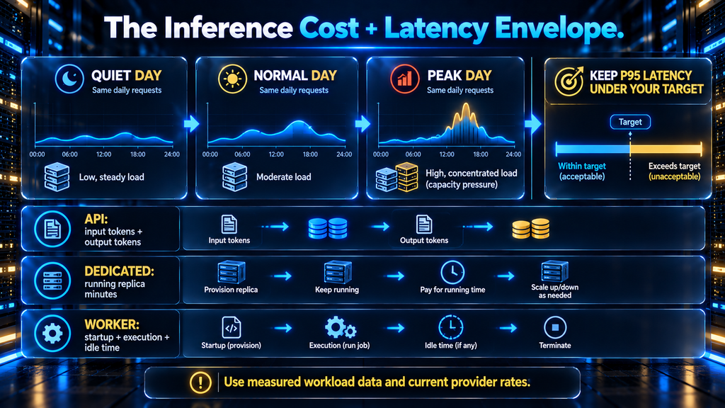 AI Hustle World cost and latency envelope showing normal, peak, and quiet workloads against token charges, billed worker time, replica minutes, and p95 latency.
