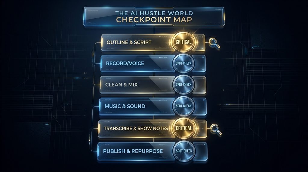 The AI Hustle World Checkpoint Map: which podcast production stages need human review 