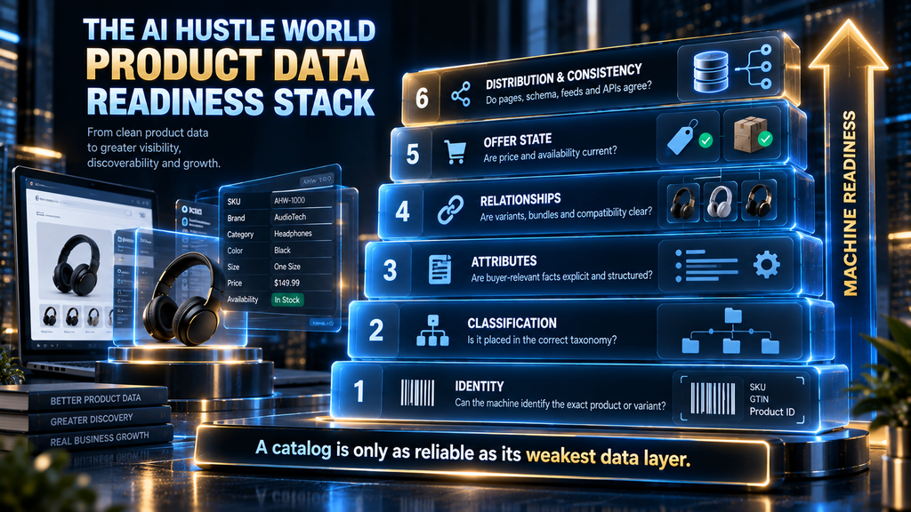 AI Hustle World Product Data Readiness Stack showing Identity, Classification, Attributes, Relationships, Offer State, and Distribution and Consistency.