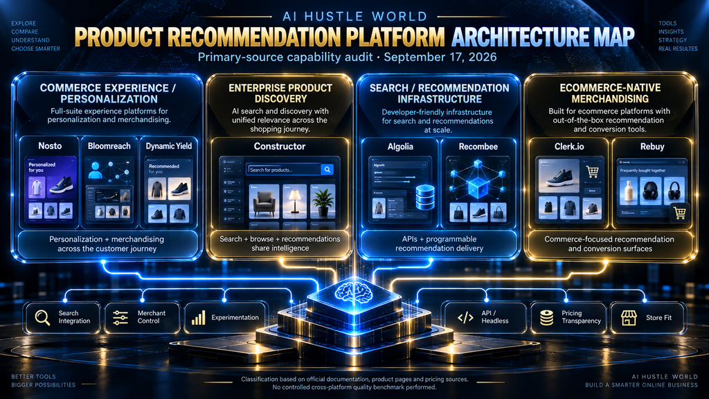 AI Hustle World architecture map of eight ecommerce AI product recommendation platforms.