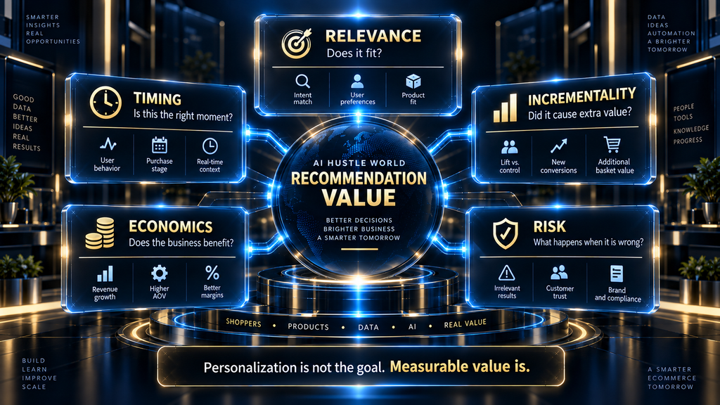 AI Hustle World framework for evaluating ecommerce product recommendations by relevance, timing, incrementality, economics, and risk.