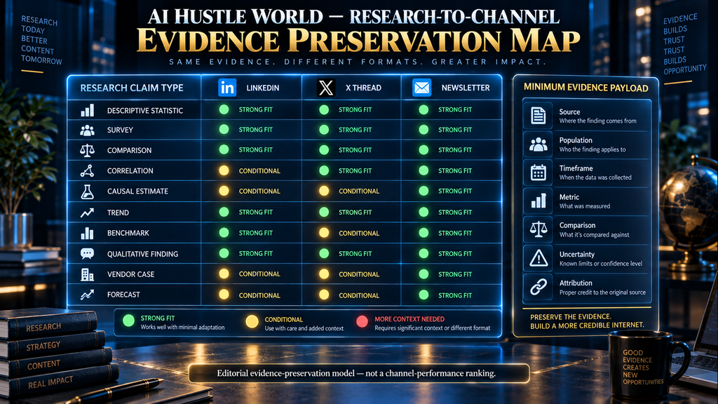AI Hustle World Research-to-Channel Evidence Preservation Map comparing research claim types across LinkedIn, X threads and newsletters.