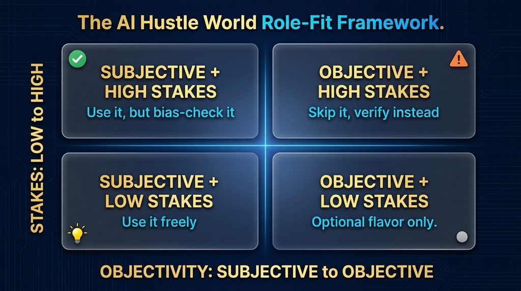 The AI Hustle World Role-Fit Framework, a two-axis decision diagram for when to use role prompting based on task objectivity and stakes