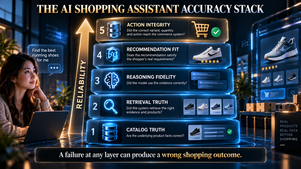 AI Hustle World Shopping Assistant Accuracy Stack with Catalog Truth, Retrieval Truth, Reasoning Fidelity, Recommendation Fit and Action Integrity.