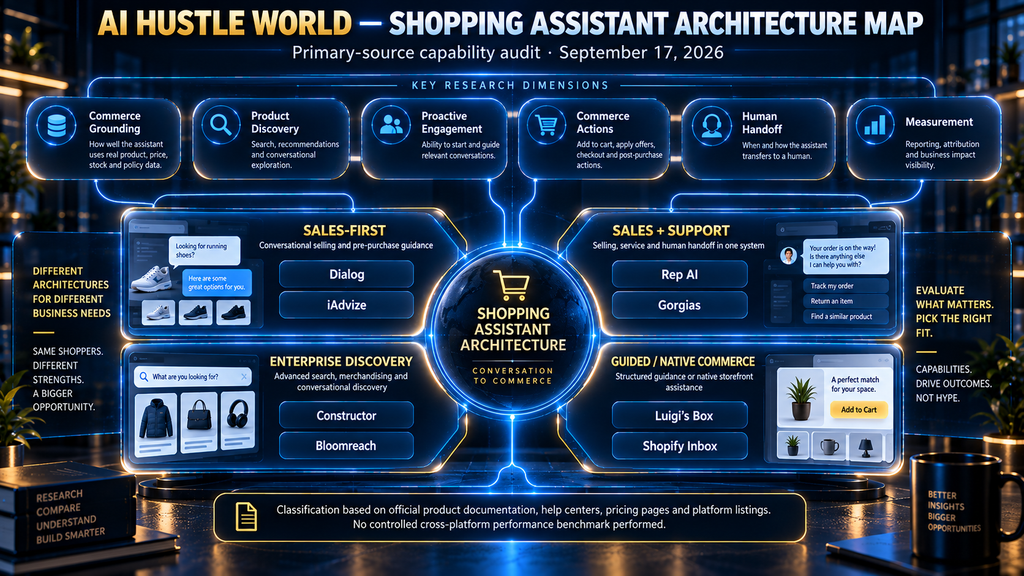 AI Hustle World architecture map comparing eight AI shopping assistant platforms by operating model.