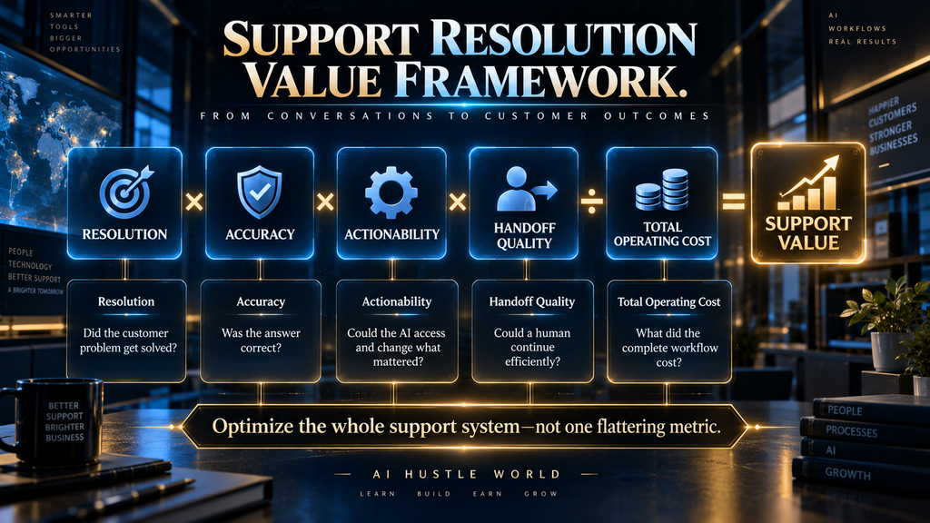 AI Hustle World framework for evaluating support-agent value across resolution, accuracy, actionability, handoff quality, and operating cost.