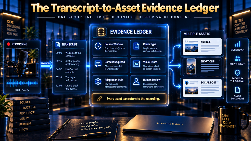 AI Hustle World Transcript-to-Asset Evidence Ledger framework with source timecodes, claim types, context, visual proof, adaptation rules, and review status.