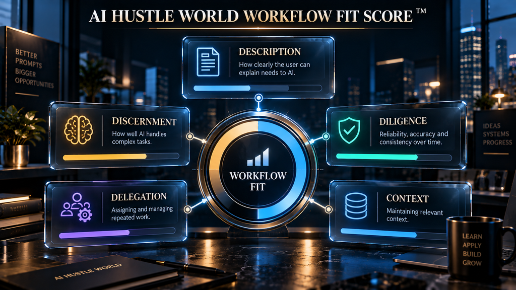 AI Hustle World Workflow Fit Score comparing Description, Discernment, Diligence, Delegation, and Context.