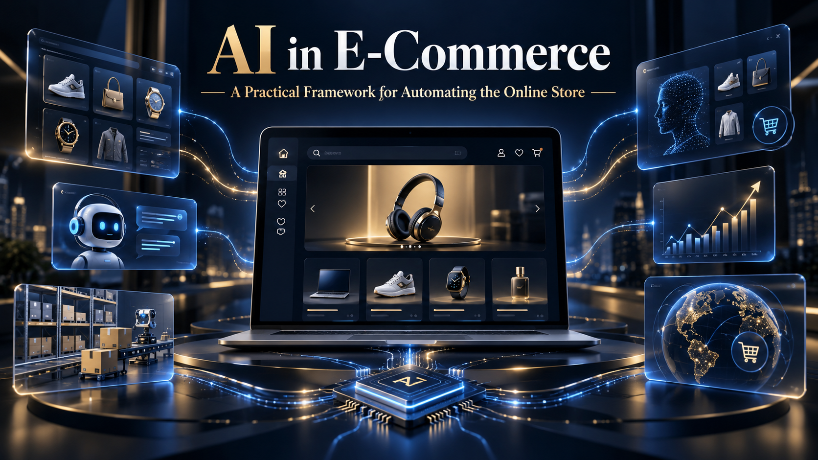 AI in ecommerce hero showing an automated online store connected to intelligent product, customer, inventory, and shopping systems.