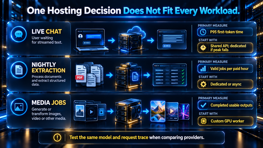 Workload decision matrix comparing chat, batch extraction, and media jobs by response metric and suitable inference hosting lane.