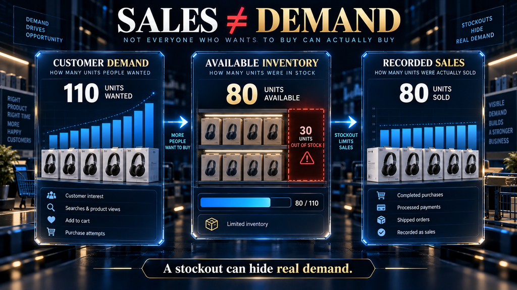 Diagram explaining why recorded retail sales can differ from underlying customer demand during stockouts.