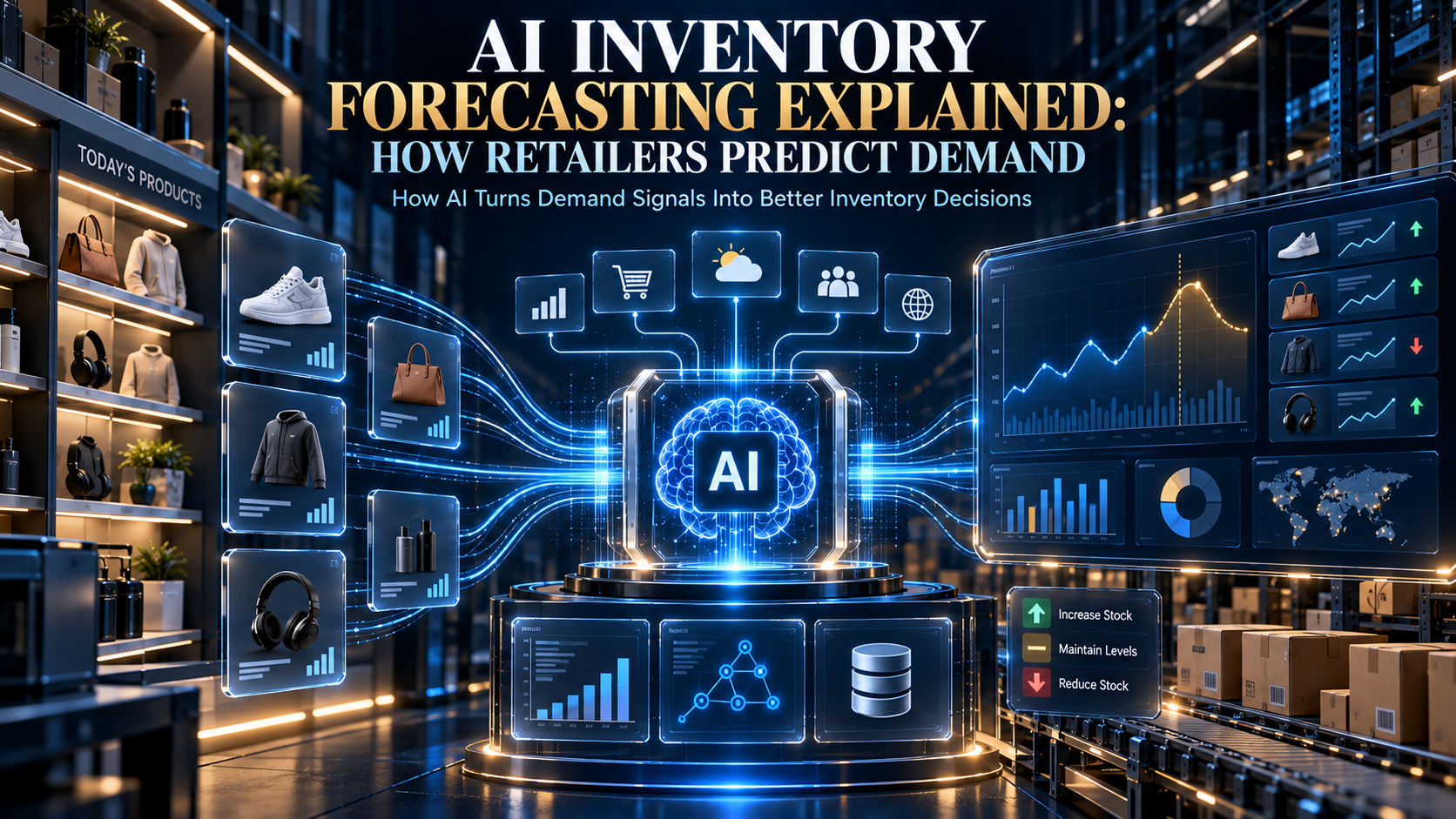 AI inventory forecasting concept showing retail demand prediction from sales and market signals.