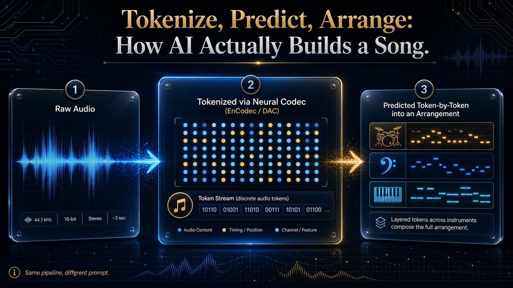 Diagram of how AI tokenizes audio and predicts a musical arrangement