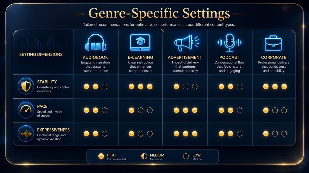 Recommended AI voice settings by content genre, from audiobooks to advertising