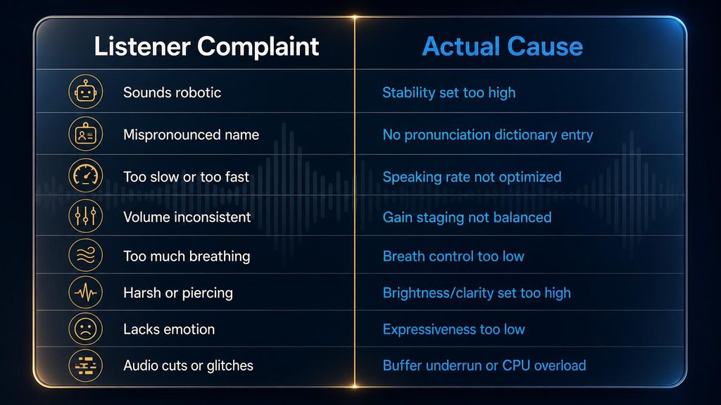 Table showing common AI narration complaints and their actual underlying causes