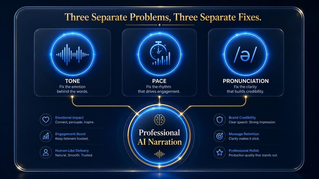 Diagram showing tone, pace, and pronunciation as three separate controllable variables in AI narration