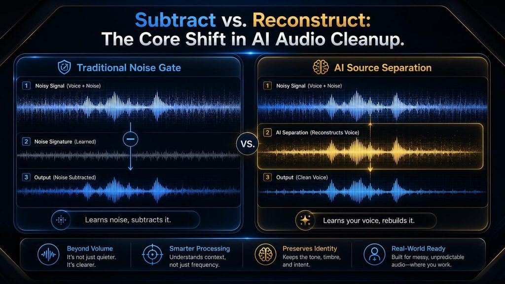 Diagram comparing traditional noise-gate subtraction to AI voice reconstruction 