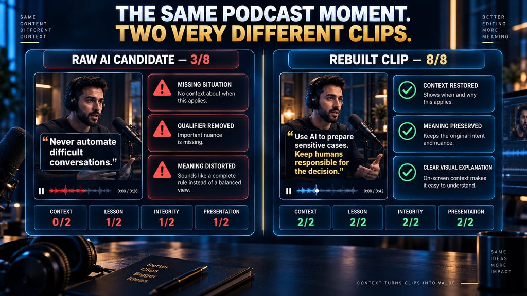 Comparison of a misleading AI-selected podcast clip and a rebuilt context-preserving clip