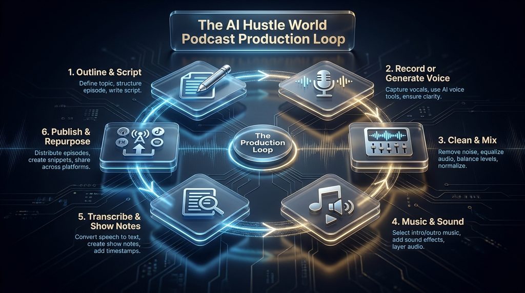The six-stage AI Hustle World Podcast Production Loop, from outline to publish 